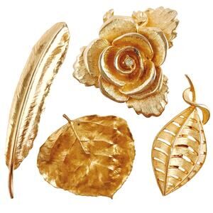 Vintage Mid Century Brooch Lot of 4 Gold Tone Leaf Feather Rose Figural Organic